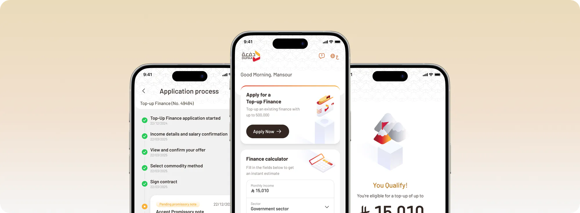 Three phone screens from the Dufaa app: application process tracker, home screen with a finance calculator, and a You Qualify eligibility result.