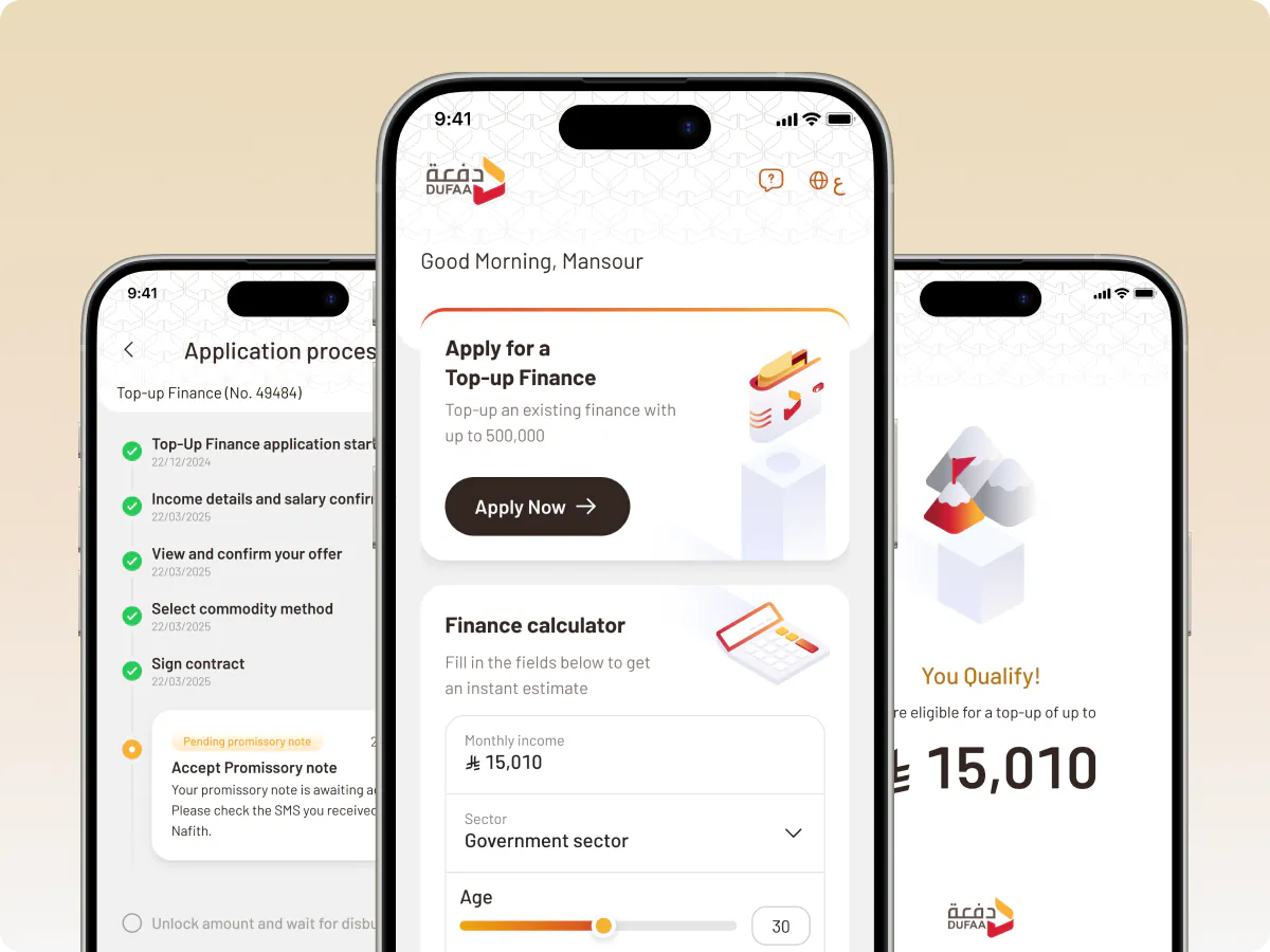 Three phone screens from the Dufaa app: application process tracker, home screen with a finance calculator, and a You Qualify eligibility result.