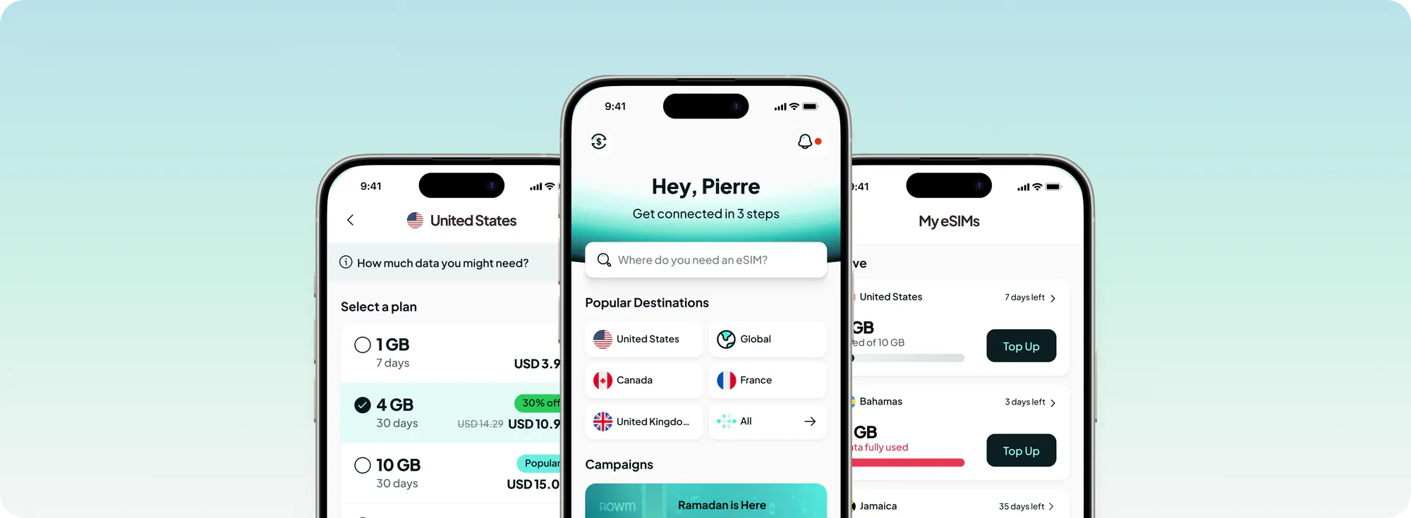Three phone screens from the Rowm eSIM app: plan selection, home screen with popular destinations, and the My eSIMs list.