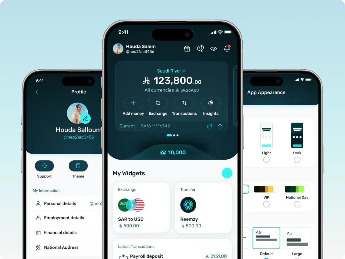 Three phone screens from the SNB Neo wallet app: profile, home balance, and appearance settings.