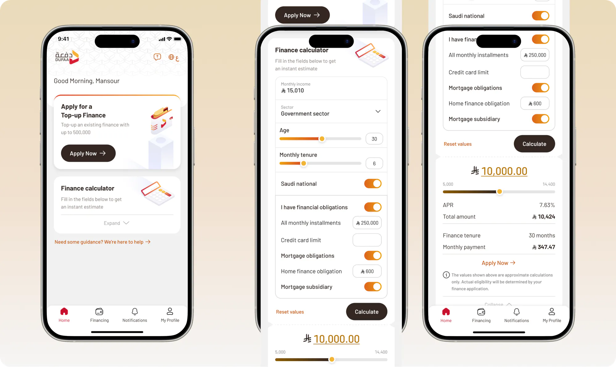 Three Dufaa screens: the home screen with the finance calculator, the expanded calculator with income and obligation fields, and the calculated result