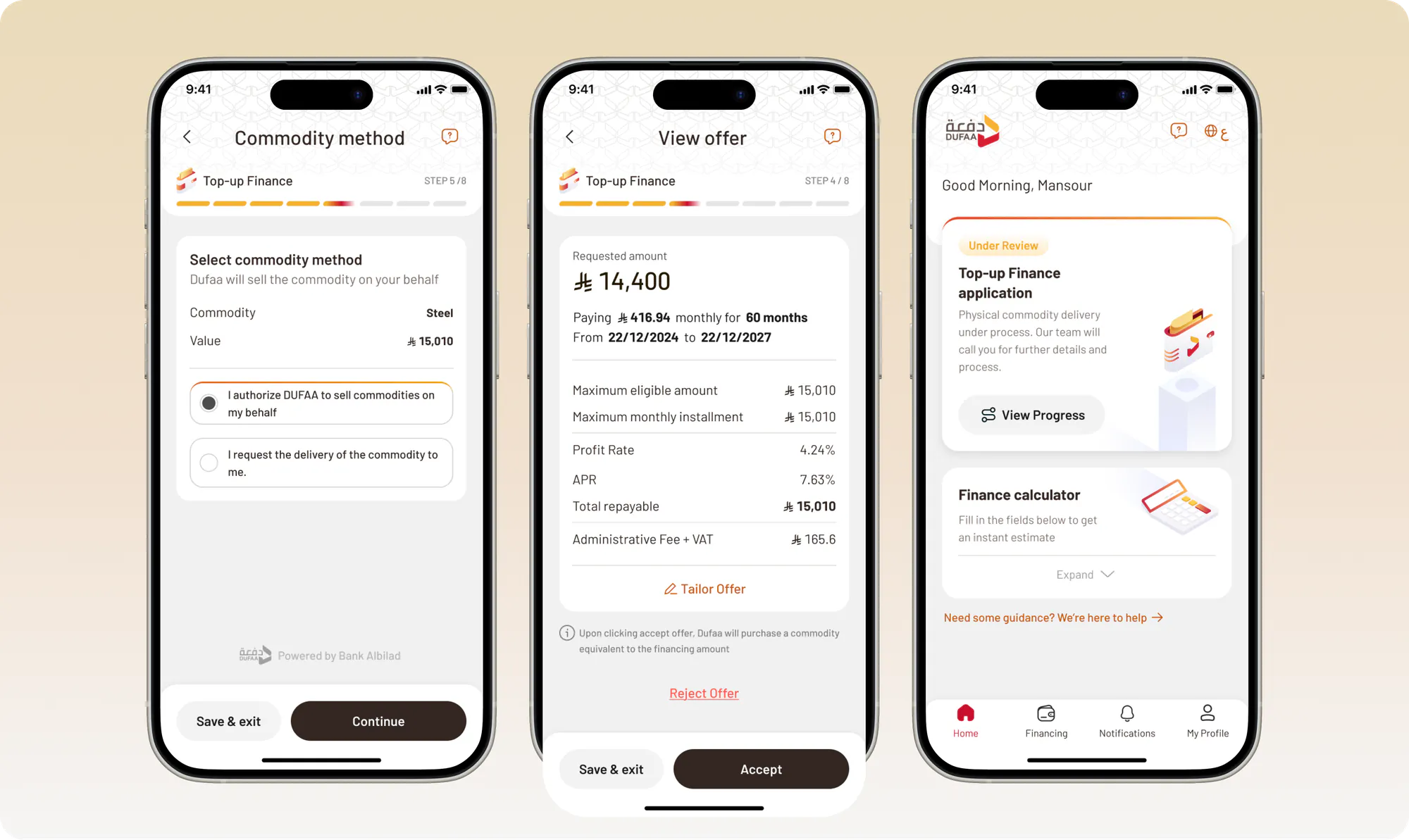 Three Dufaa screens: the finance offer view, the commodity method step, and the home screen showing an application under review