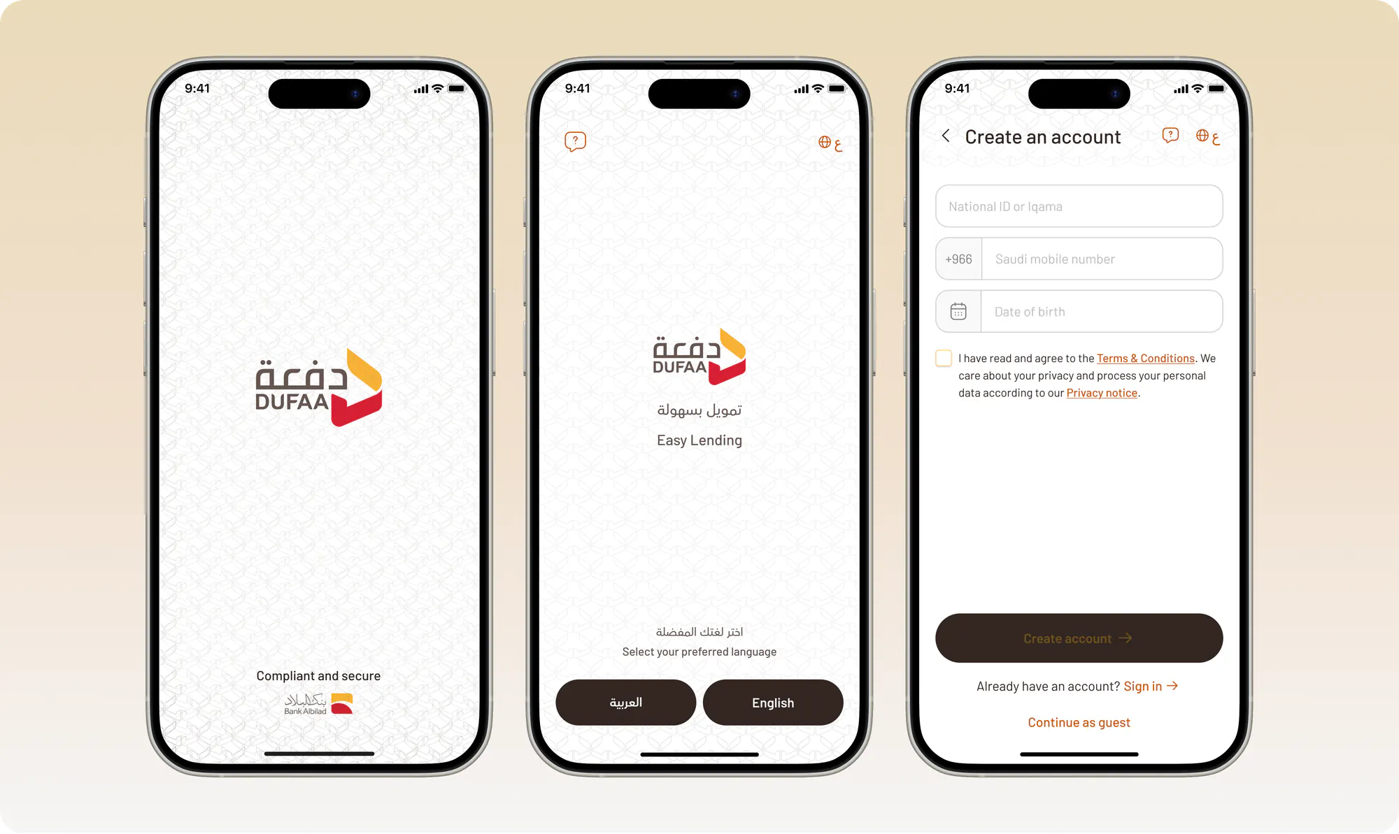 Three Dufaa onboarding screens: the splash screen, language selection, and the create account screen