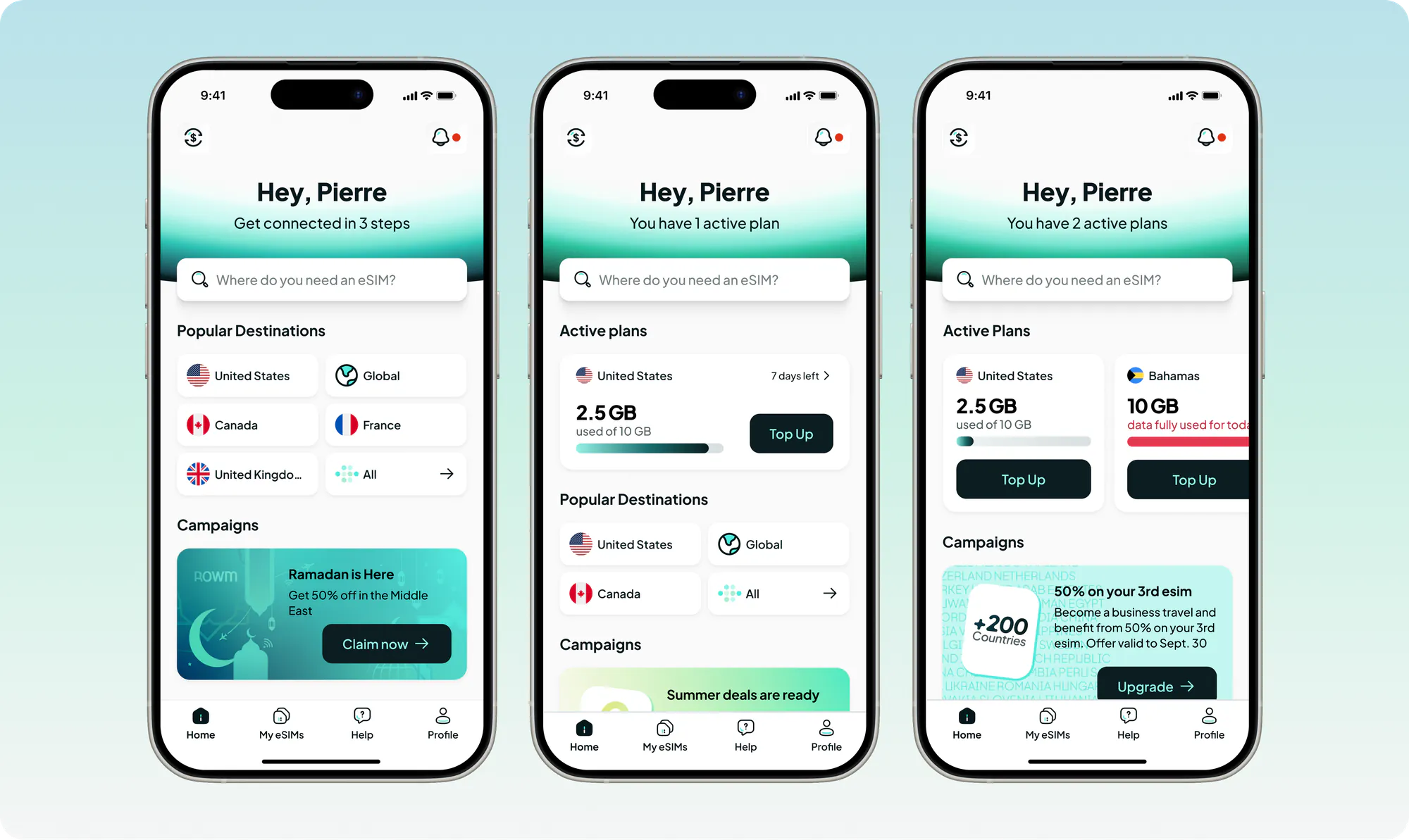 The header and the cards change with the person's state: nothing yet, one plan running, two plans with data left and data spent. Campaigns stay visible without pushing the traveller's own plans below the fold.