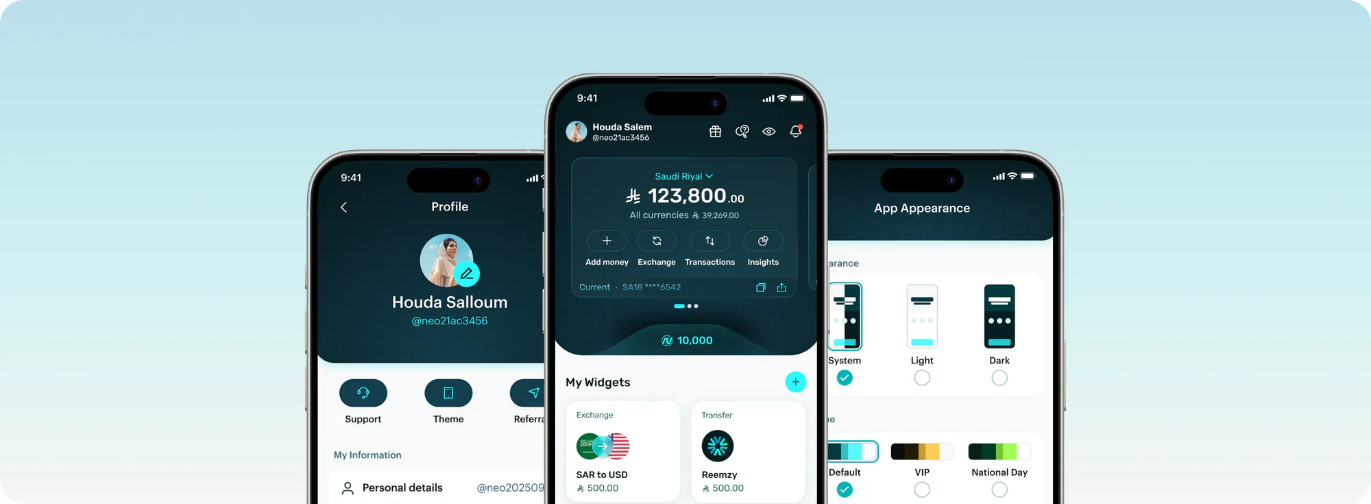 Three phone screens from the SNB Neo wallet app: profile, home balance, and appearance settings.